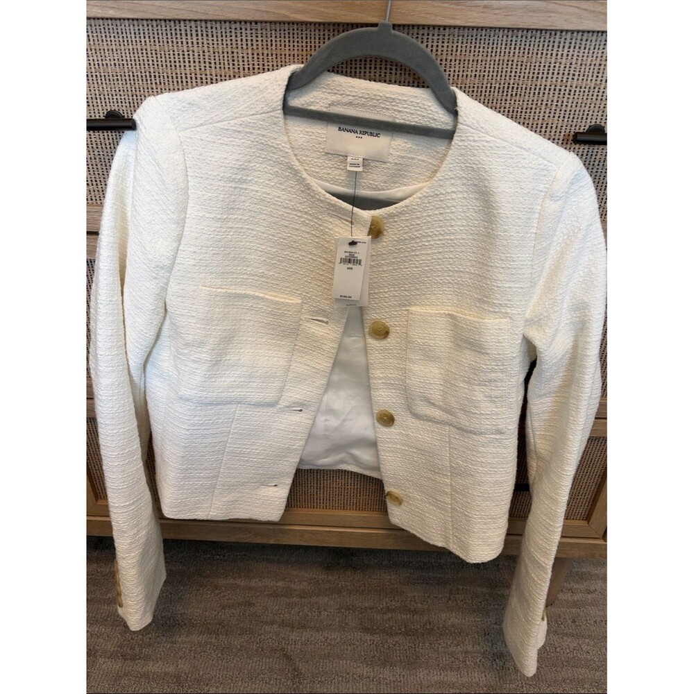Banana Republic Women's Cream Textured Collarless Button Jacket